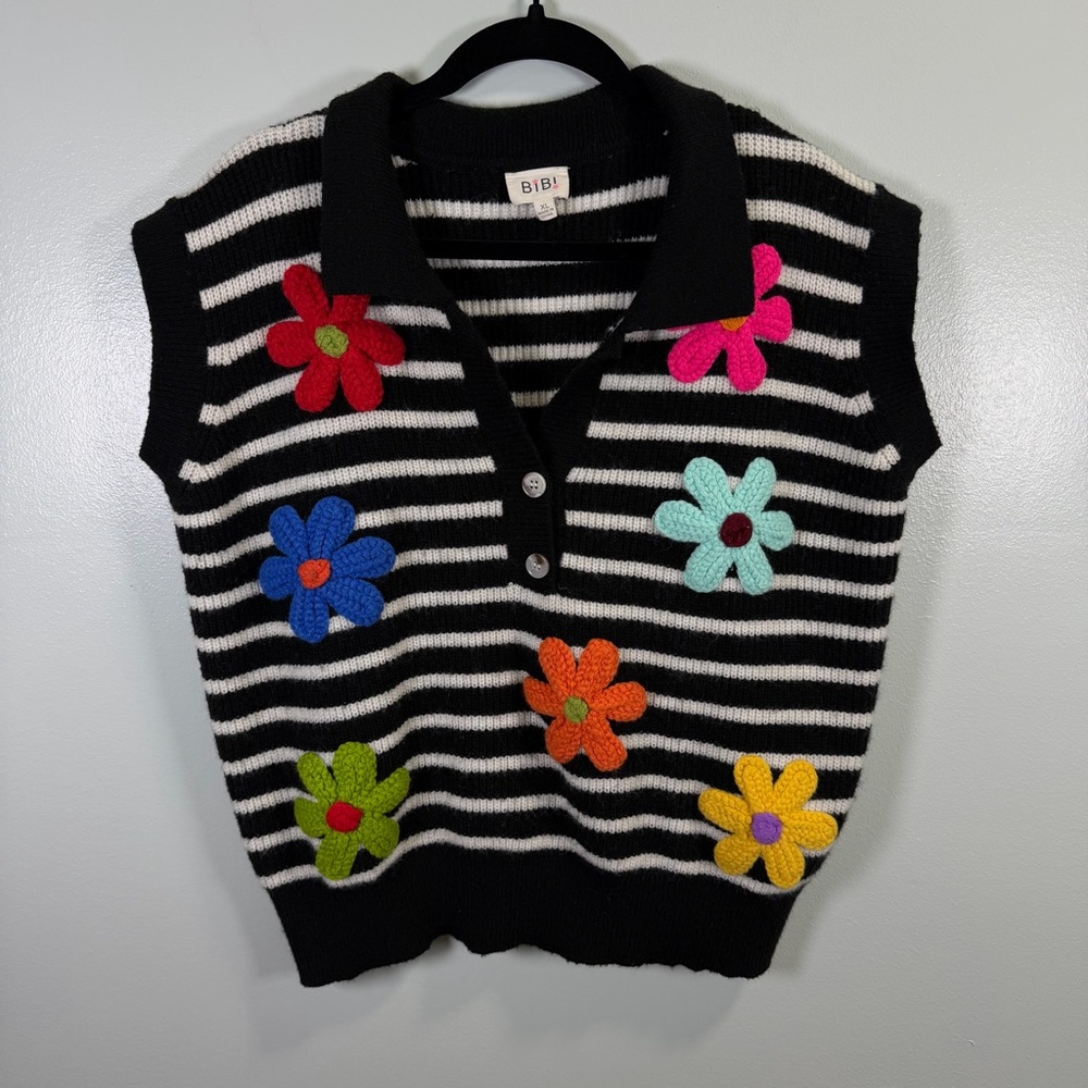 Bibi Women's Black Striped Sweater with Colorful Floral Accents